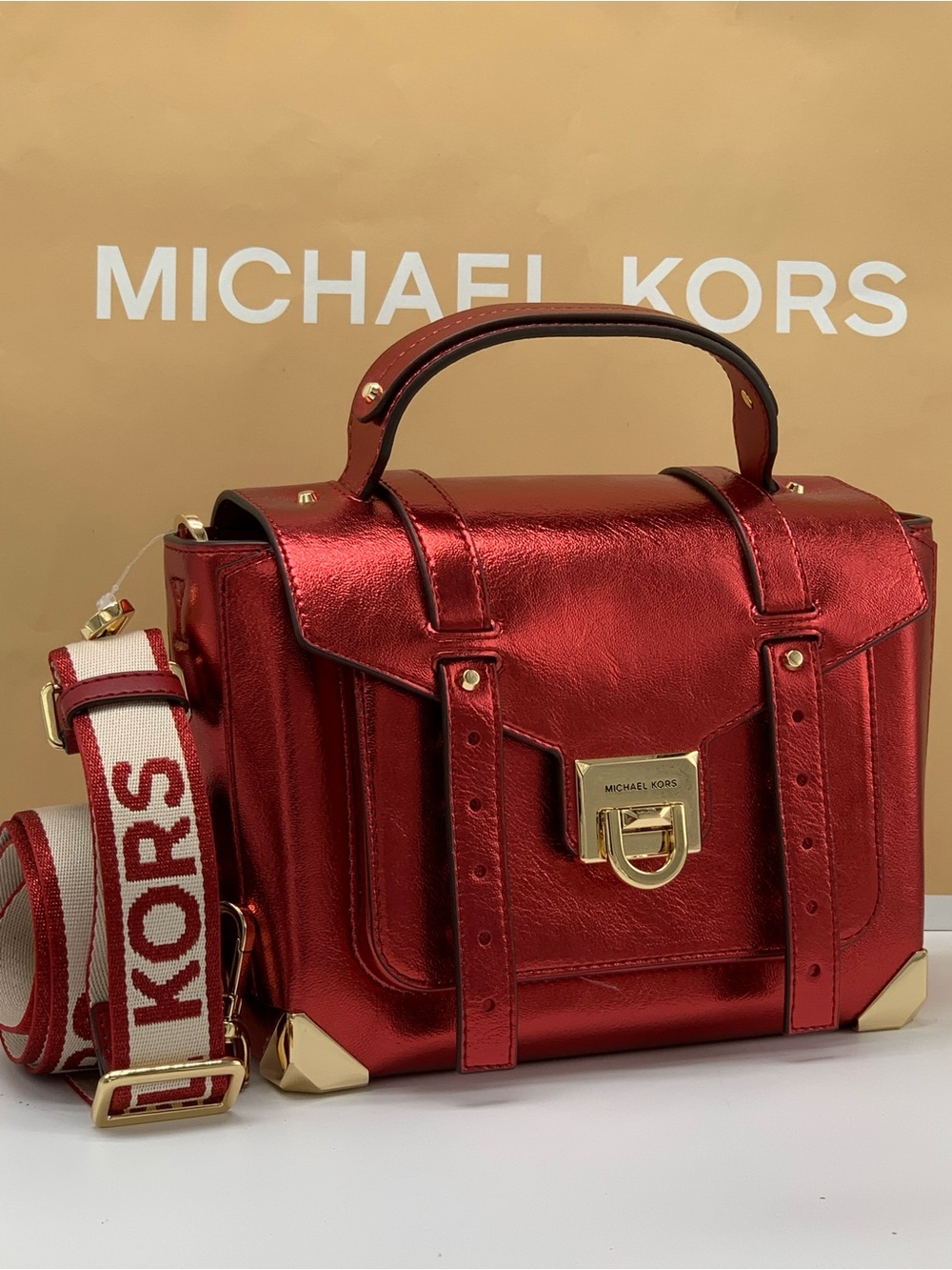Michael Kors Manhattan Metallic Red Satchel with Branded Strap
